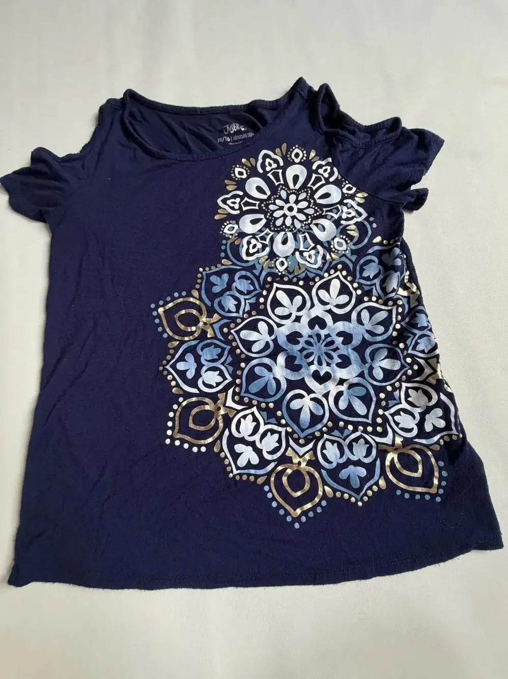 Justice Navy Mandala Graphic Cold Shoulder Top M